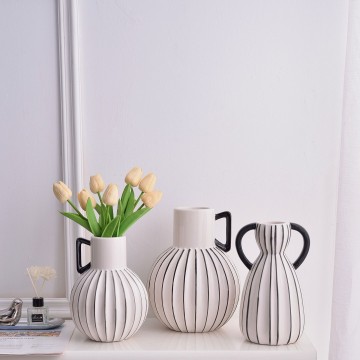 Set of 3 Black & White Striped Ceramic Vases: Modern Minimalist Double-Handle Home Decor