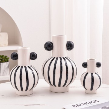Black & White Striped Ceramic Vase with Spherical Handles: Modern Whimsical Home Decor
