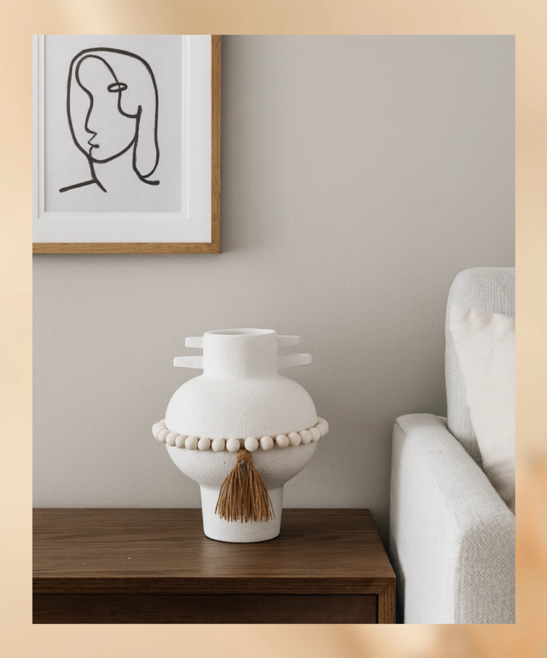 Rustic White Ceramic Vase Set - Handcrafted Wabi-Sabi Style Vase with Natural Wooden Beads and Jute Tassels