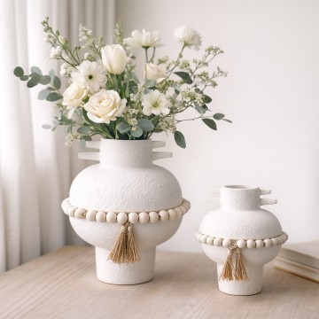 Rustic White Ceramic Vase Set - Handcrafted Wabi-Sabi Style Vase with Natural Wooden Beads and Jute Tassels
