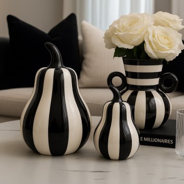 Black & White Striped Ceramic Pear Decor 