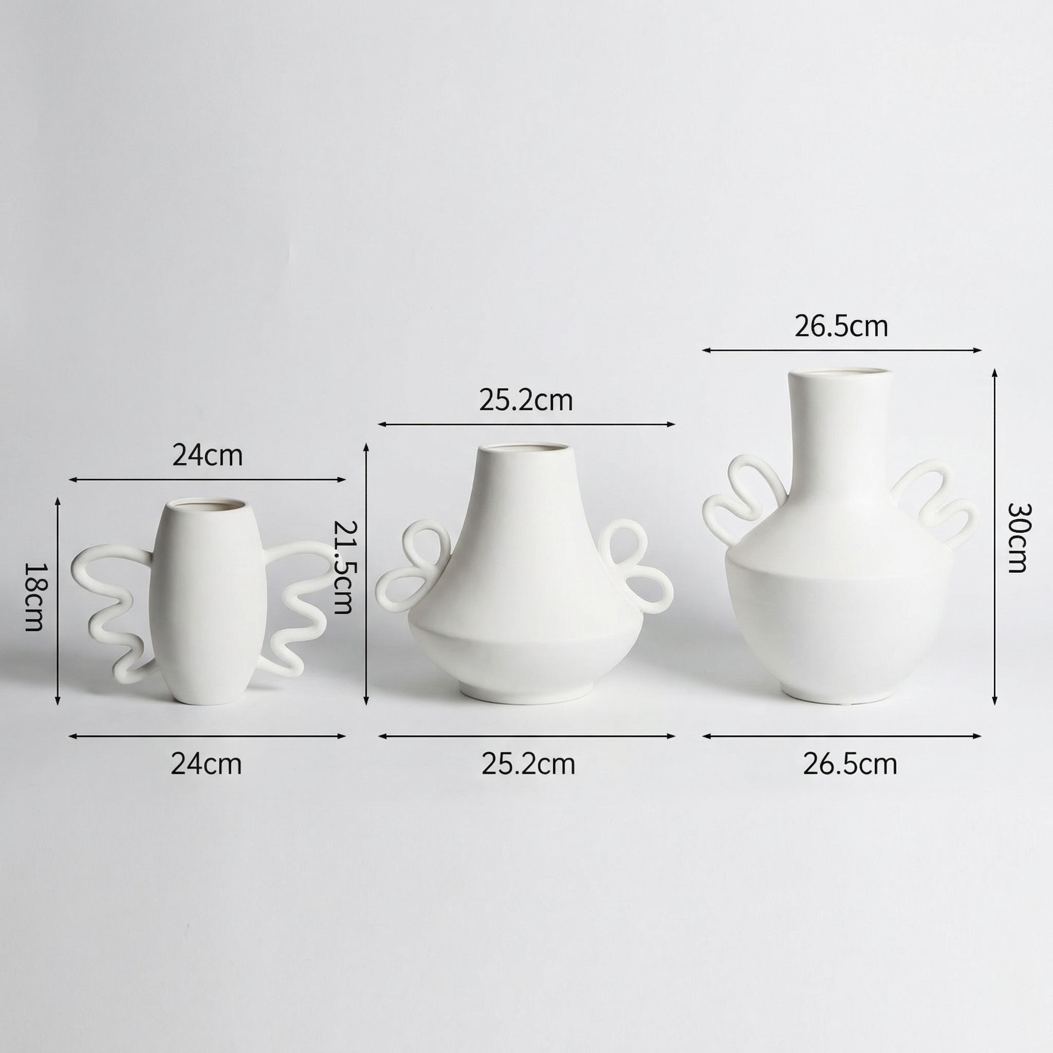 Conjunto de 7 vasos esculturais modernos de cerâmica, feitos à mão com alças onduladas, decoração minimalista nórdica para casa.