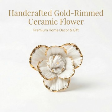 3D Ceramic Gold-Edge Flower Wall Decor - Elegant Pearl White Embossed Floral Wall Art