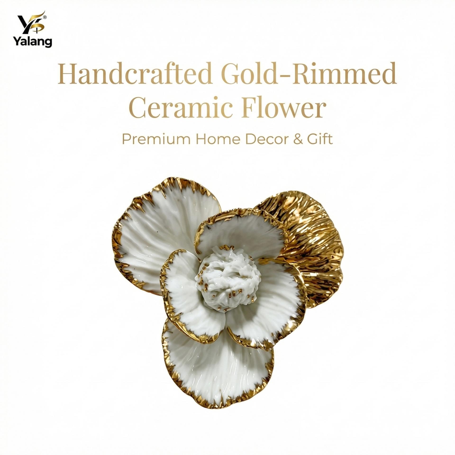 3D Ceramic Gold-Edge Flower Wall Decor - Elegant Pearl White Embossed Floral Wall Art
