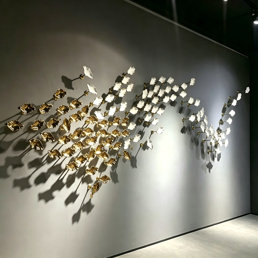 Arte de parede minimalista em cerâmica com folhas, suporte de metal, vista lateral.