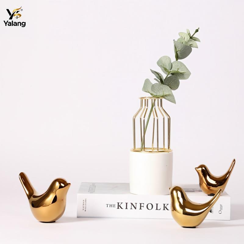 Electroplated Gold and Silver Ceramic Bird Ornaments | Luxury Hotel Office Tabletop Decor Minimalist Porcelain Figurine Set | Yalang Home