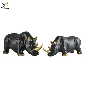 Custom Matte Black and Gold Ceramic Rhino Sculptures Modern Luxury Hotel Lobby Decor Tabletop Art Ornaments | Yalang Home