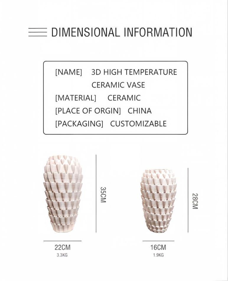 dimensões técnicas do vaso impresso em 3D com escultura de onda