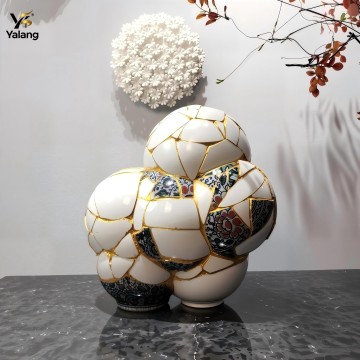 Bespoke Fragmented Blue & White Ceramic Art Installation | Hand-Gilded Hotel Lobby Sculpture