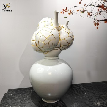 Luxury White Porcelain Shard Pedestal Sculpture | Hand-Gilded Hotel Lobby Statue