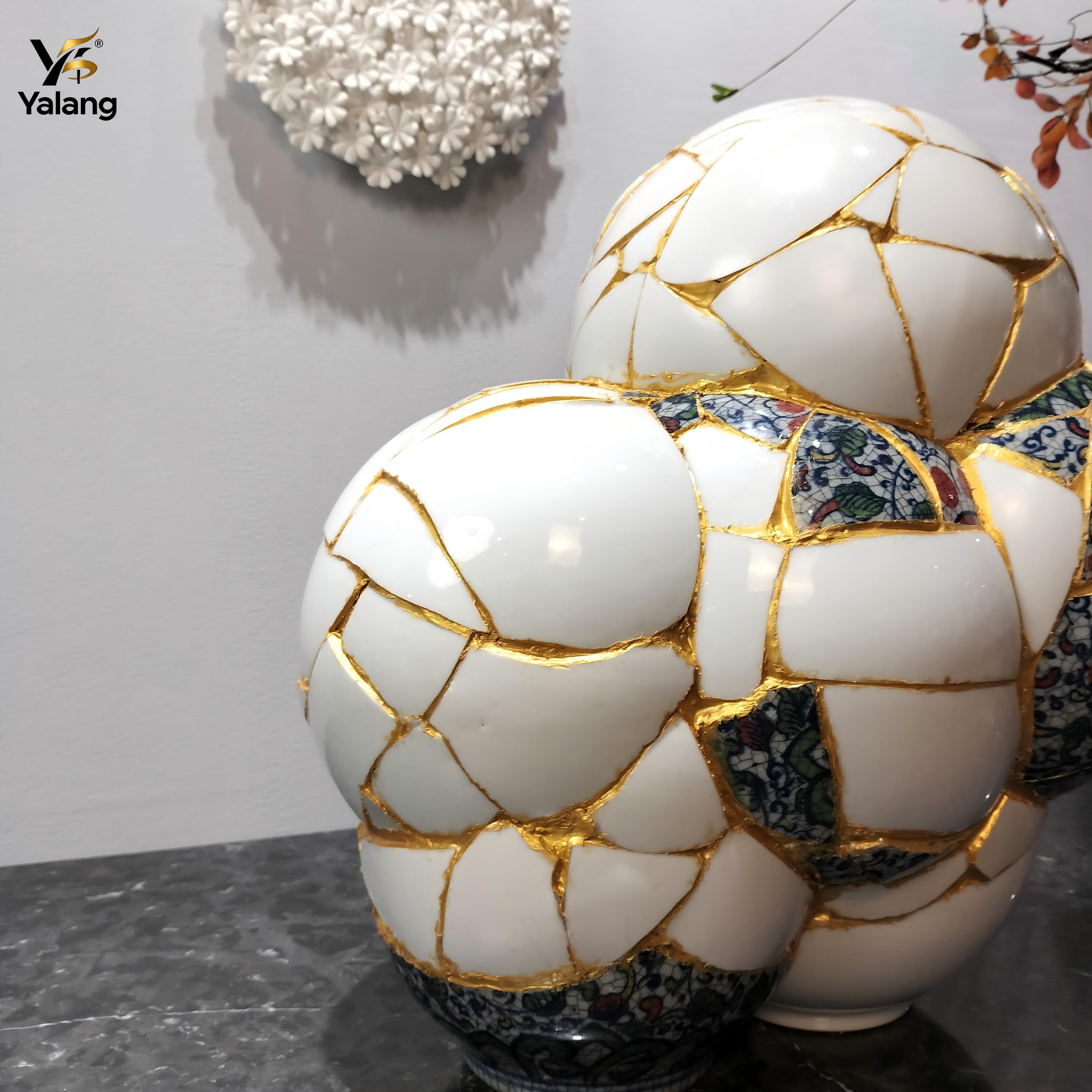 Bespoke Fragmented Blue & White Ceramic Art Installation | Hand-Gilded Hotel Lobby Sculpture