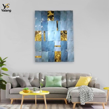 Custom Blue & White Ceramic Tile Wall Art | Electroplated Gold Modular 3D Panel