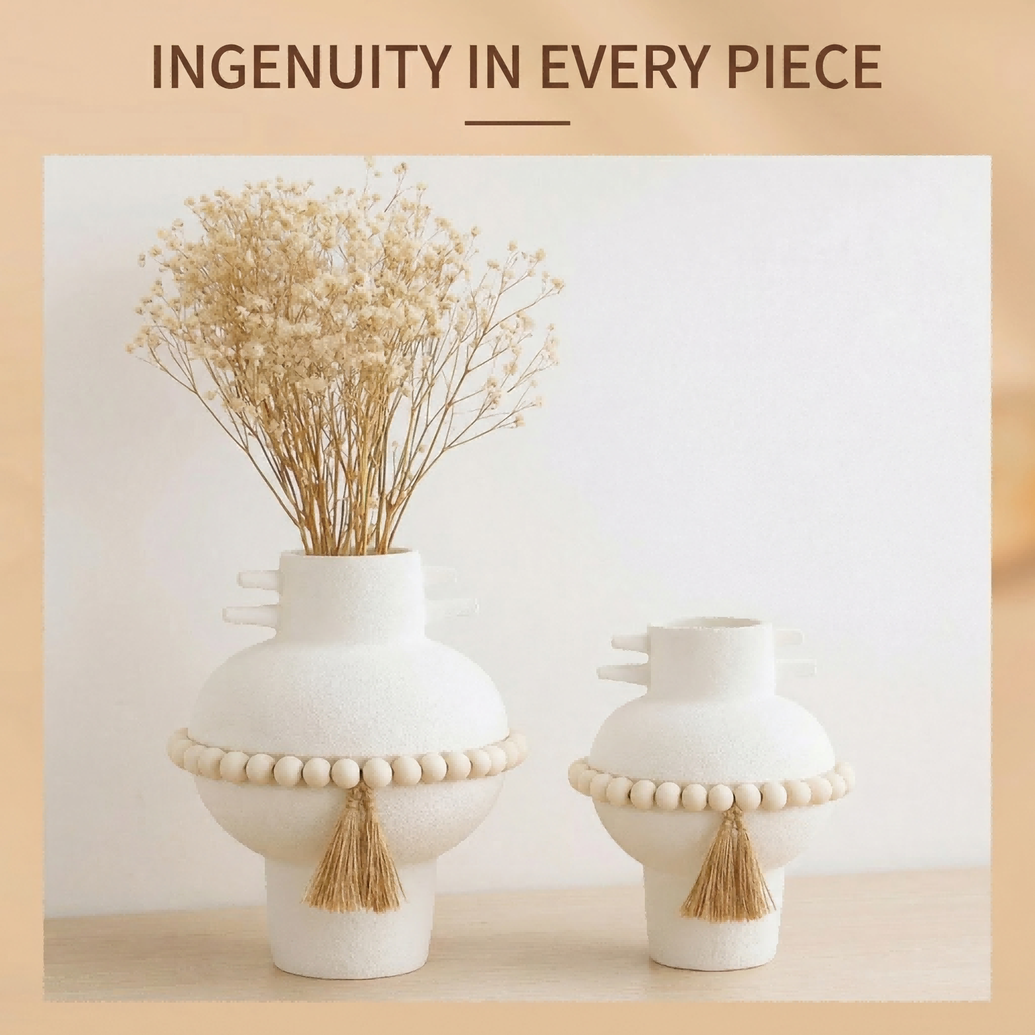 Handmade Sandblasted Ceramic Vase with Wooden Beads & Jute | Luxury B2B Decor