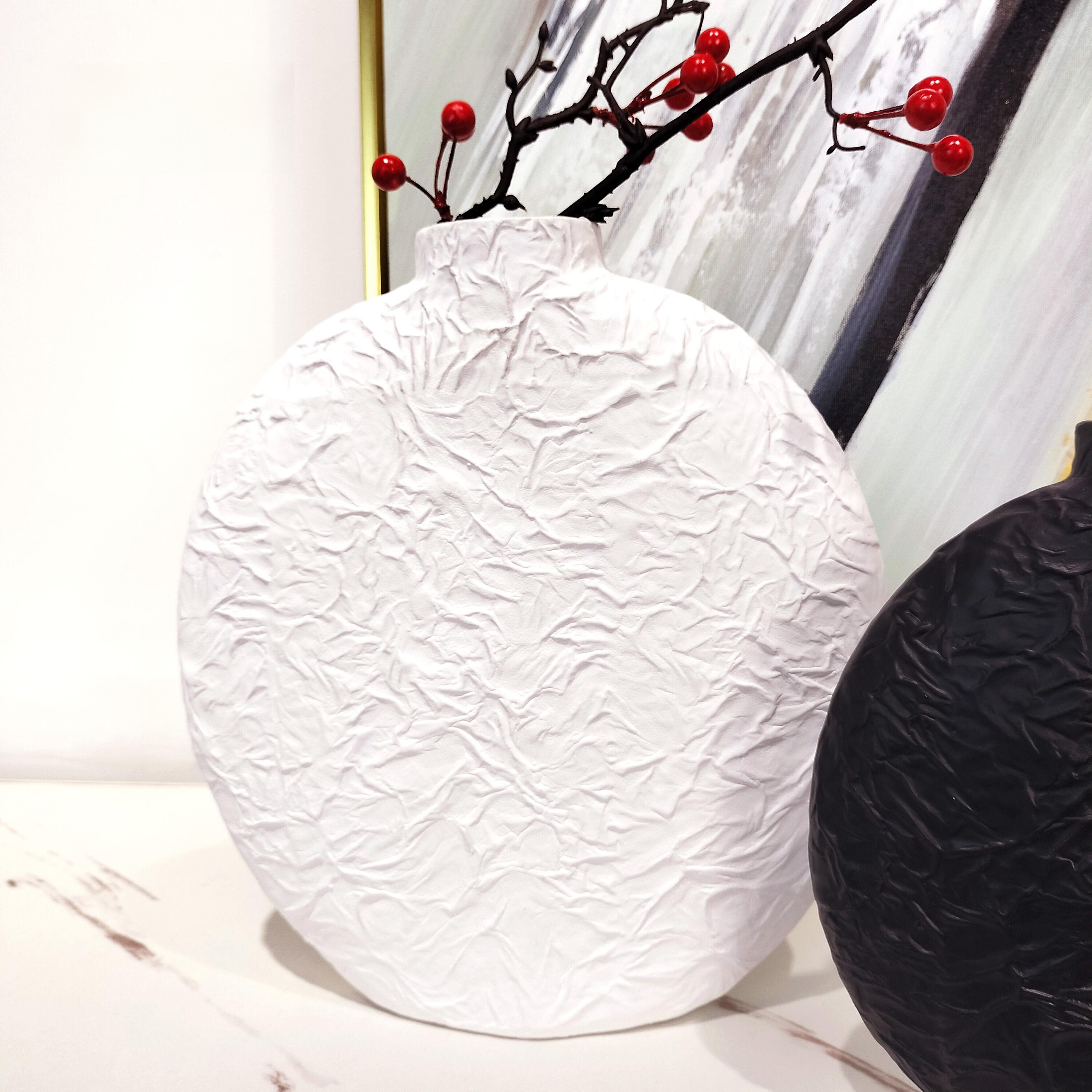 Textured Wrinkle Ceramic Vase in Matte Black & White | Modern Sculptural Flower Urn