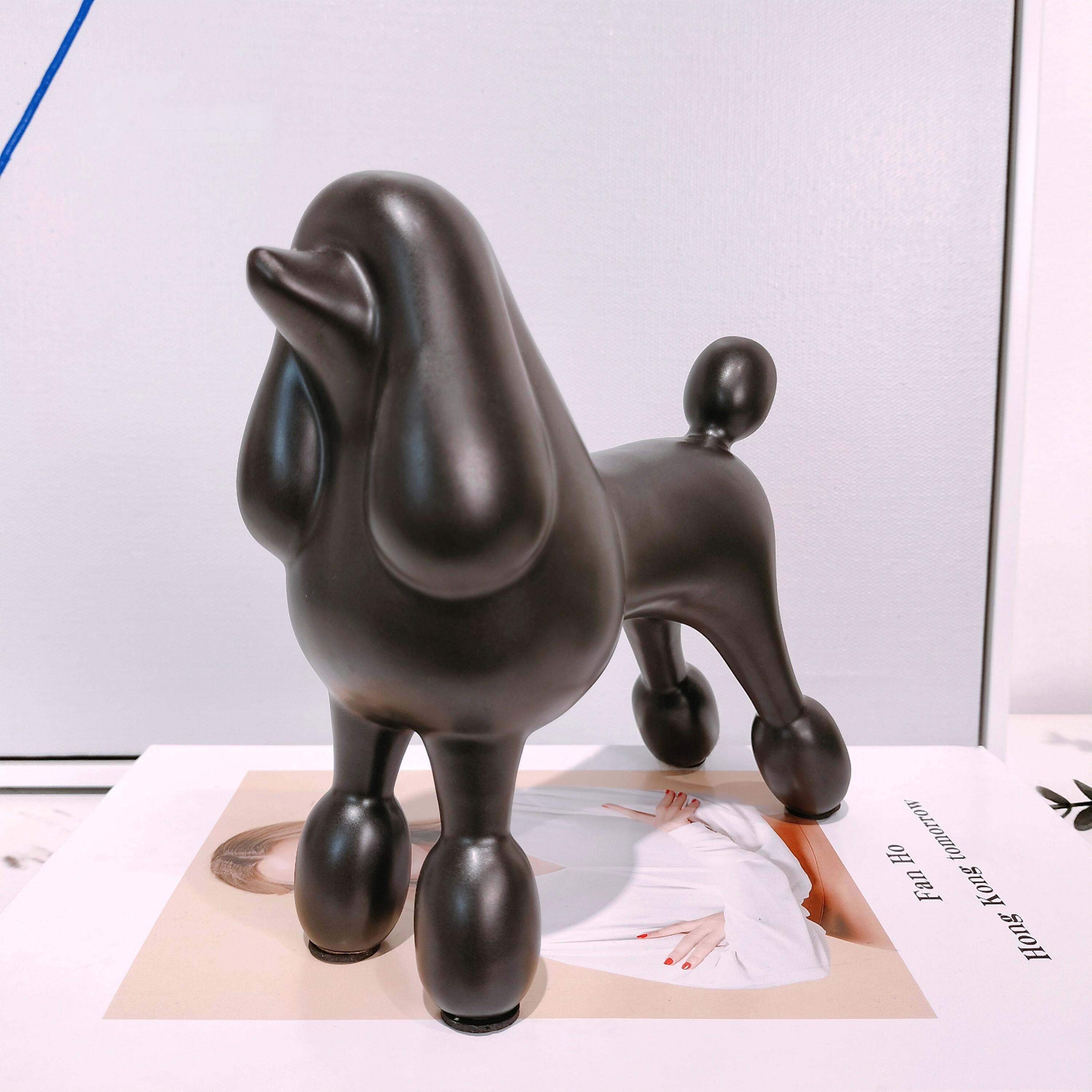 Matte Black Ceramic Dog Sculpture | Contemporary Poodle Animal Accent for Office