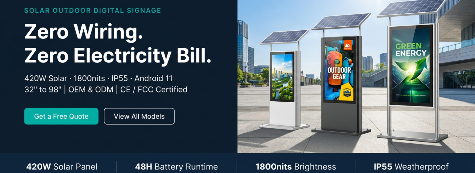 Off-Grid Digital Signage | 420W Solar · 48H Battery · IP55
