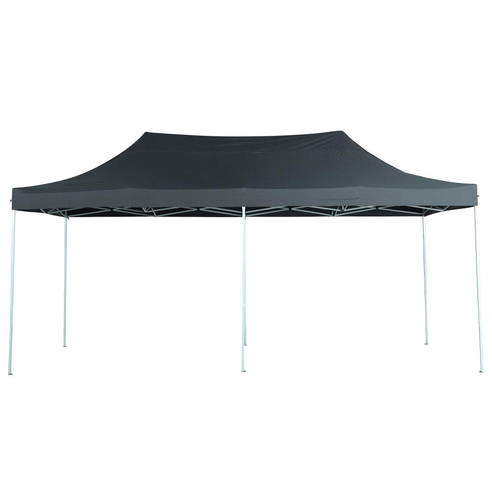 Detail of three-height adjustable leg with stepped inner tube and detent positions on a pop-up folding tent