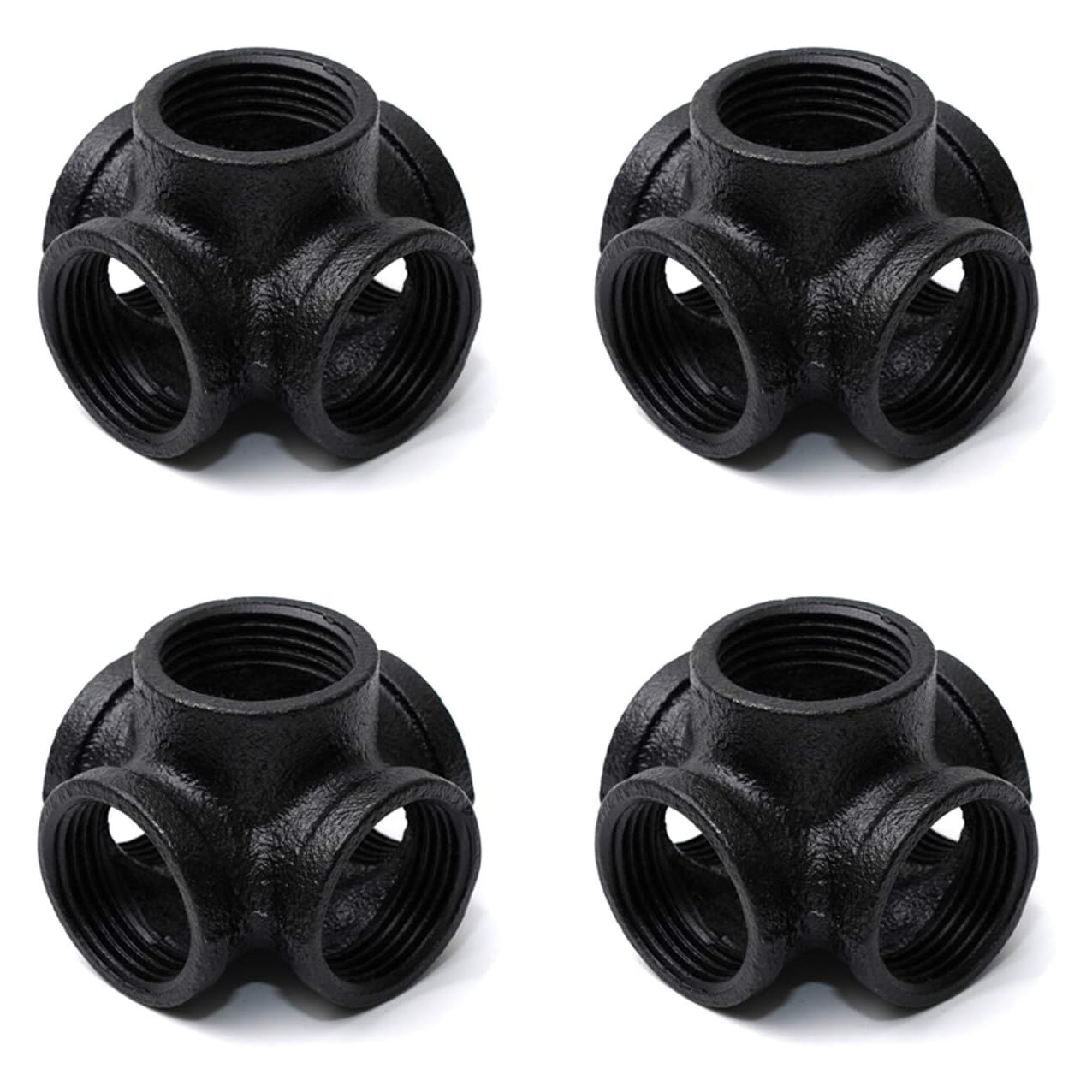 Black 5-Way Side Outlet Tee Home 5-Way Threaded Corner Malleable Cast Iron Pipe Fitting For Industrial Furniture DIY Decoration