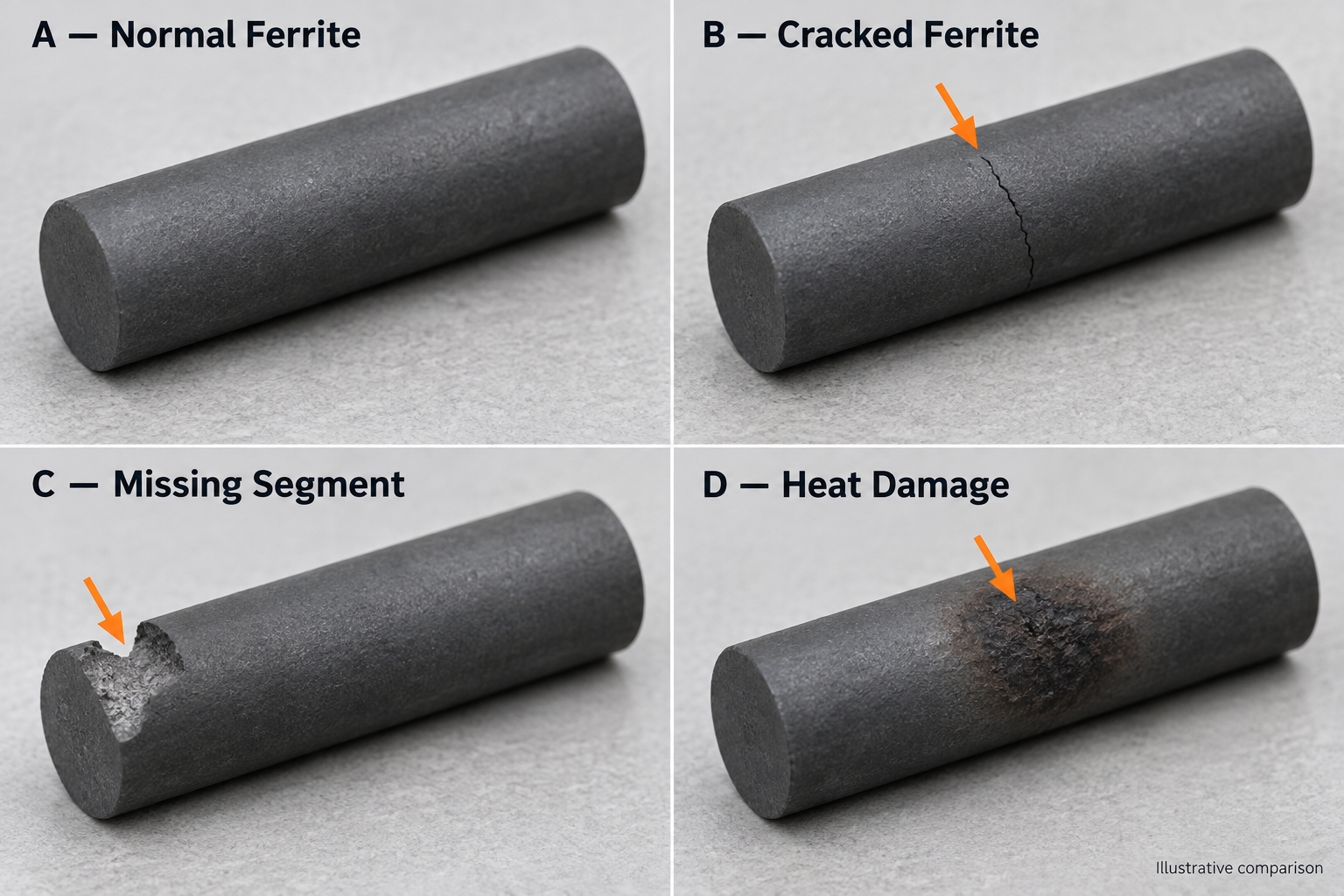 Ferrite rod wear signs including cracks missing segments and surface damage