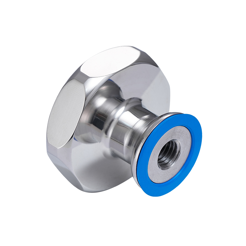 Underside view of hygienic star knob showing internal blind thread and blue sealing ring to prevent bacteria traps