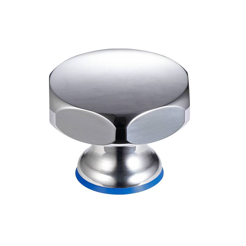 Hygienic 316L stainless steel star knob with blue FDA-compliant HNBR seal for food processing equipment.