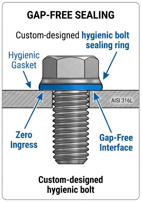 This diagram shows a hygienic bolt design with a gasket and sealing ring that creates a gap-free interface. Made from AISI 316L stainless steel, it eliminates contamination risks and ensures cleanability in hygienic applications such as food processing and pharmaceutical equipment.