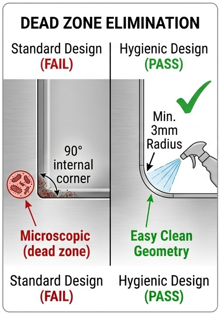 This comparison illustrates how hygienic design eliminates microscopic dead zones found in 90-degree internal corners. By applying a minimum 3mm radius, surfaces become easier to clean and compliant with EHEDG and 3-A sanitary design principles.