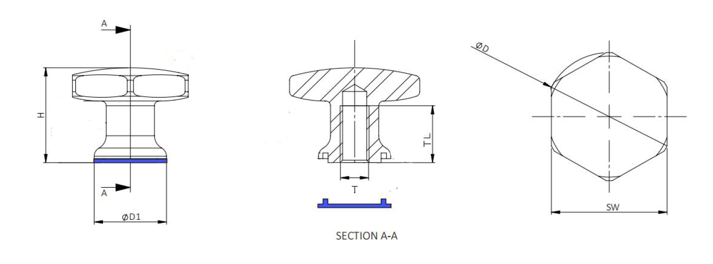 Technical drawing of hygienic star knob in 316L stainless steel showing dimensions, thread depth, and blue seal geometry.