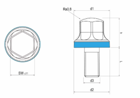 Technische Zeichnung einer Sanitärschraube mit Angabe der Kopfgeometrie und Gewindegröße
