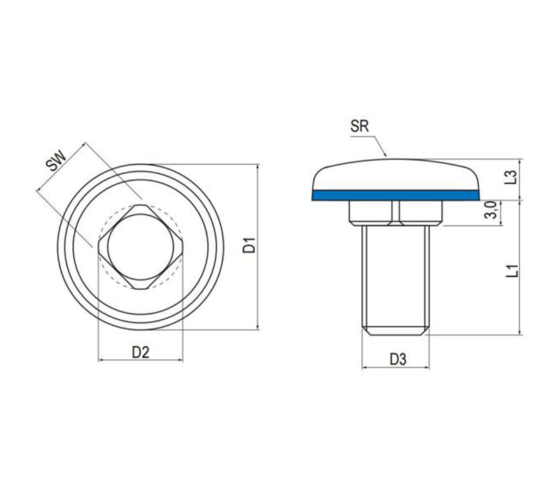 Technical dimension drawing of hygienic stainless steel carriage bolt for food and pharmaceutical machinery applications