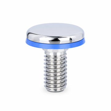 Hygienic stainless steel bolt with rounded head, blue sealing ring and threaded shaft
