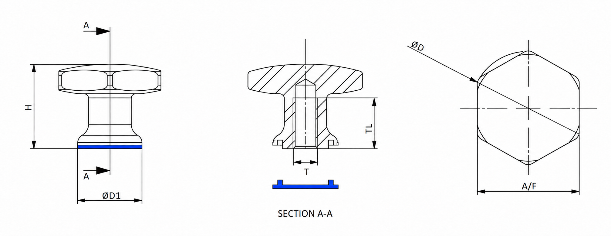 VTKS hygienic star knob front, section A-A and top views with H, diameter D1, T, TL, diameter D and A/F dimensions