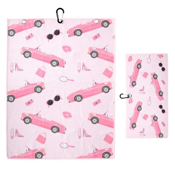 Serviette de golf rose convertible en microfibre gaufrée avec crochet