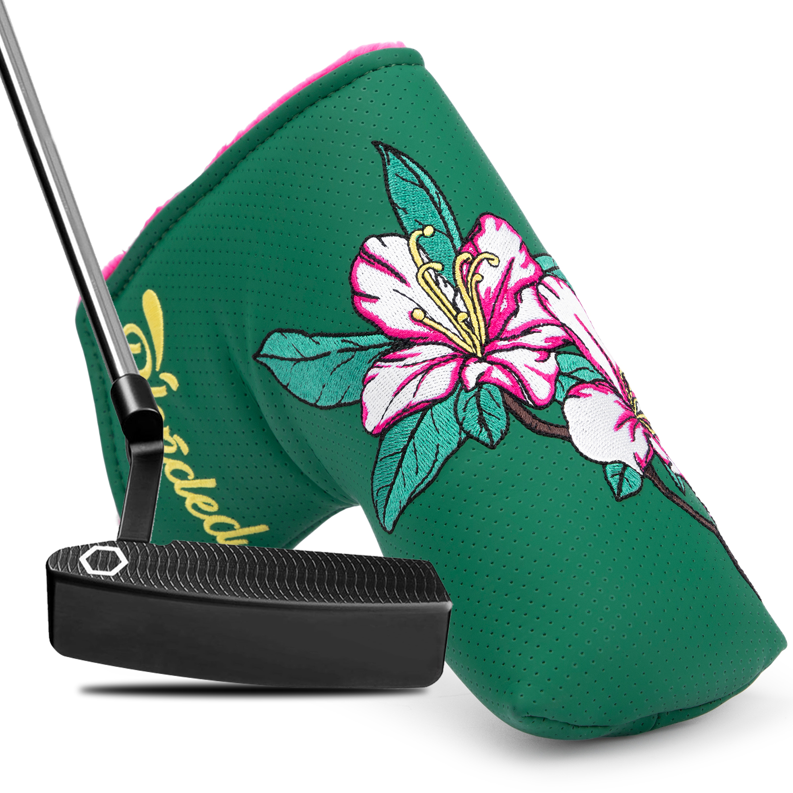 Capa para taco de golfe bordada com flores verdes (1)