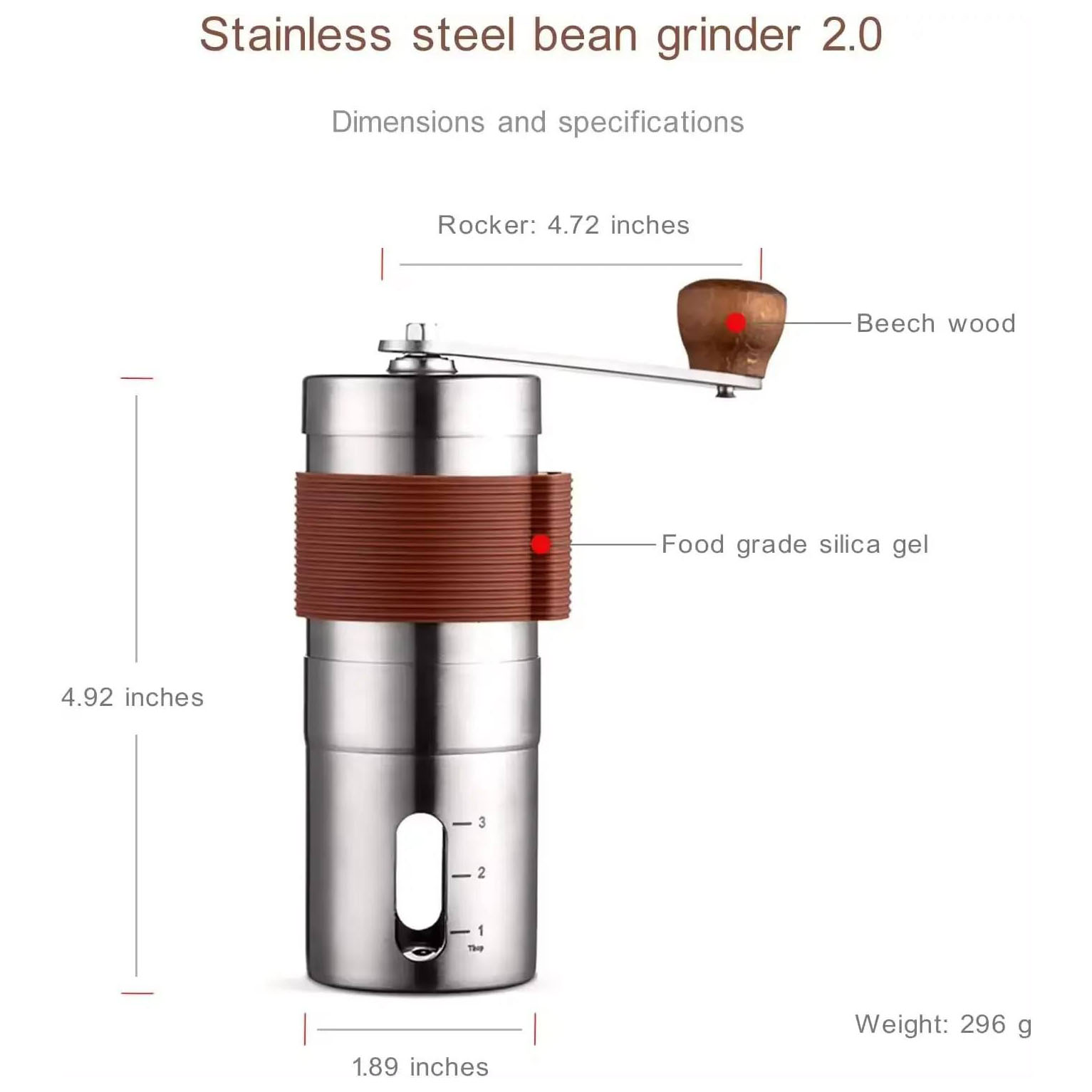 手動不鏽鋼咖啡研磨機，可調式設置，附棕色防滑套（2）