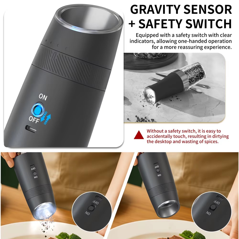 可充電電動鹽和胡椒研磨器套裝，重力式胡椒研磨器套裝，帶 LED 指示燈（2 件裝）