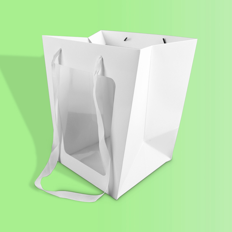 Custom Printed White Card Paper Bag with PVC Window Tapered Design