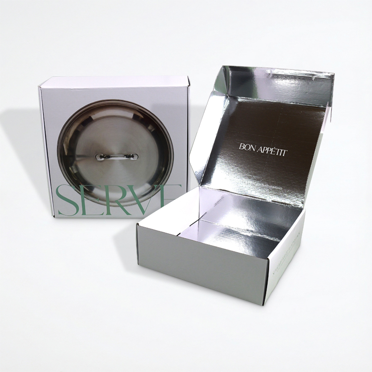 Custom Corrugated Mailer Box with Silver Metallic Interior