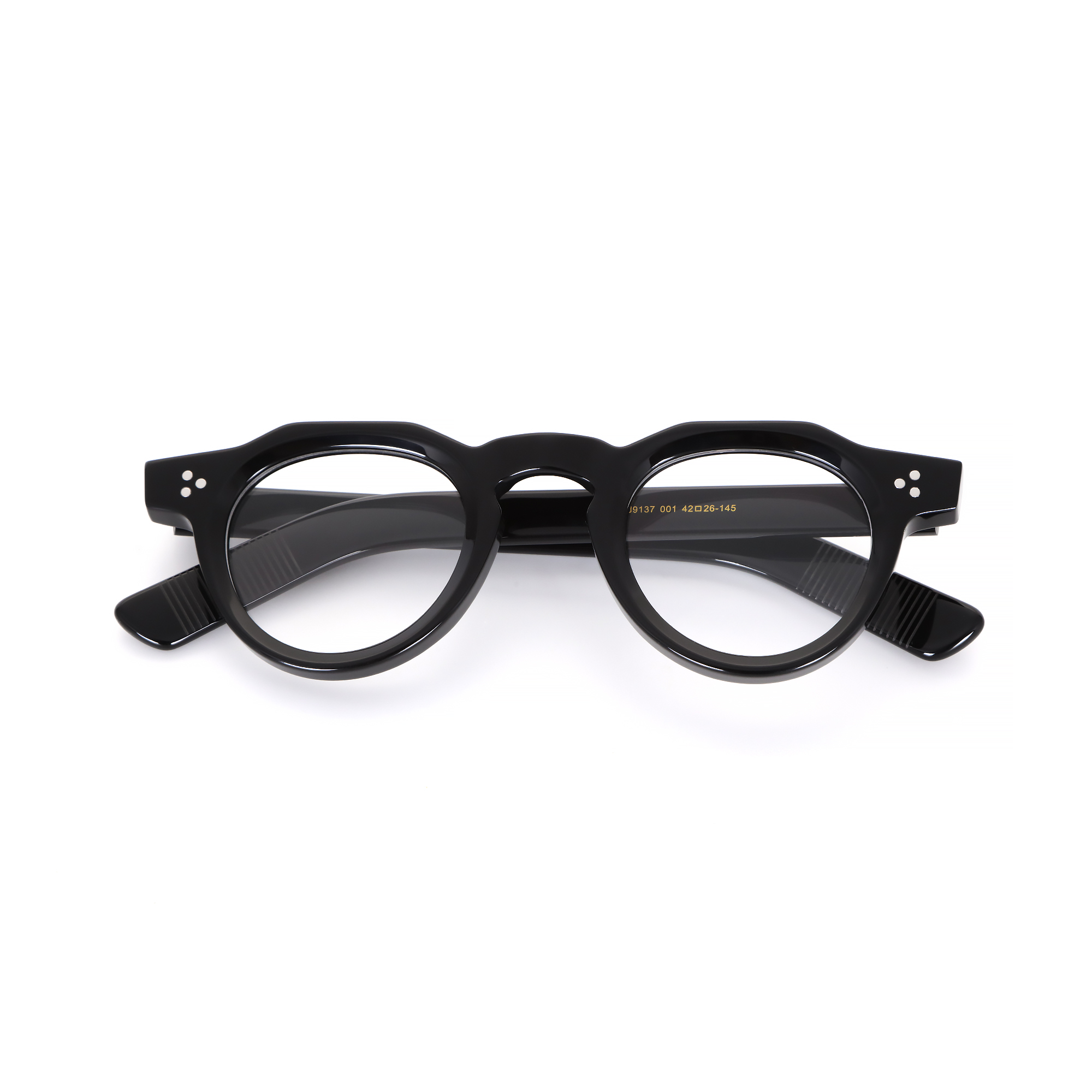 Yintai Handcrafted Acetate Optical Frame 9137 Small Bold Round with Triple Rivets & Engraved Temples