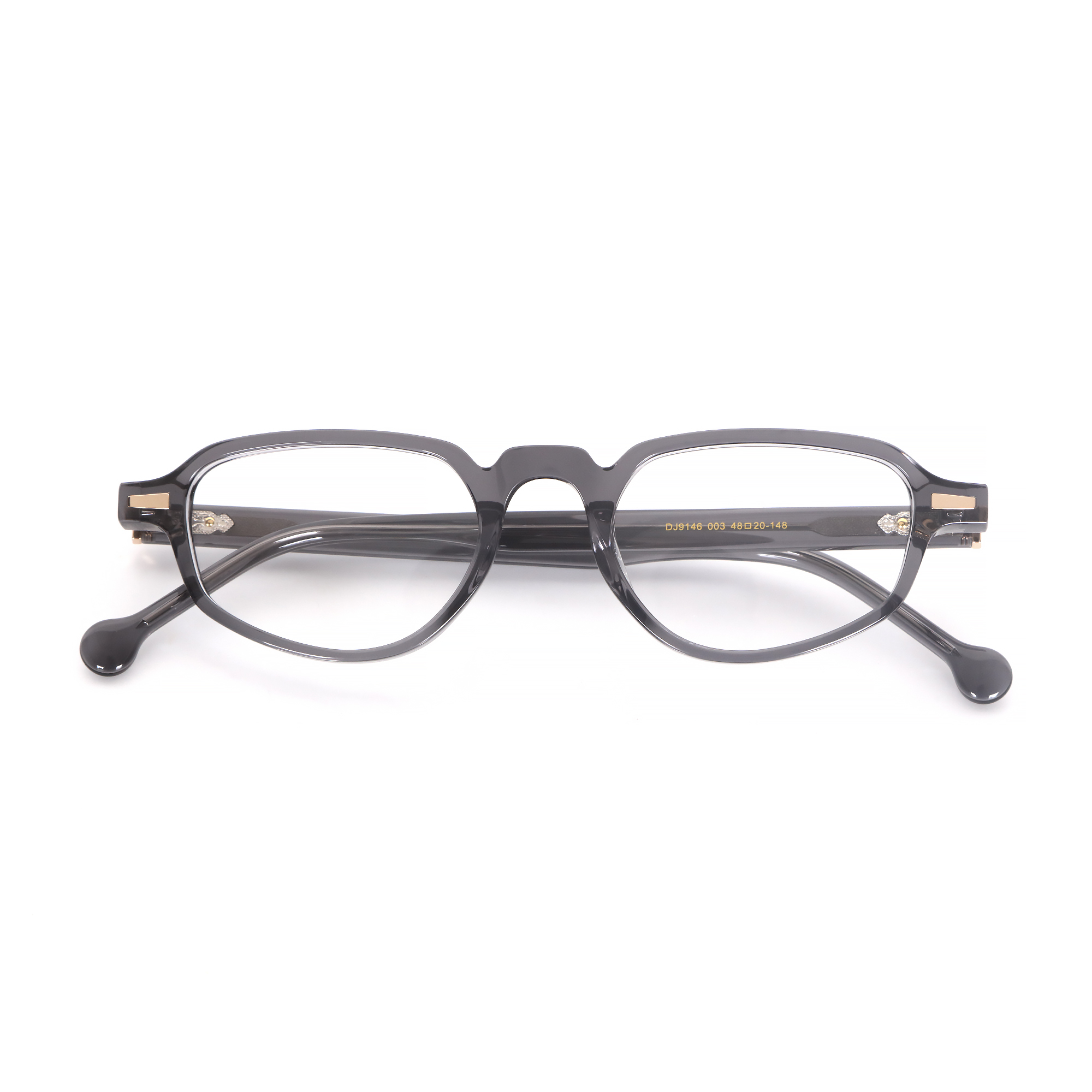 Acetate optical frames, transparent gray retro round frame, gold gear hinge.jpg