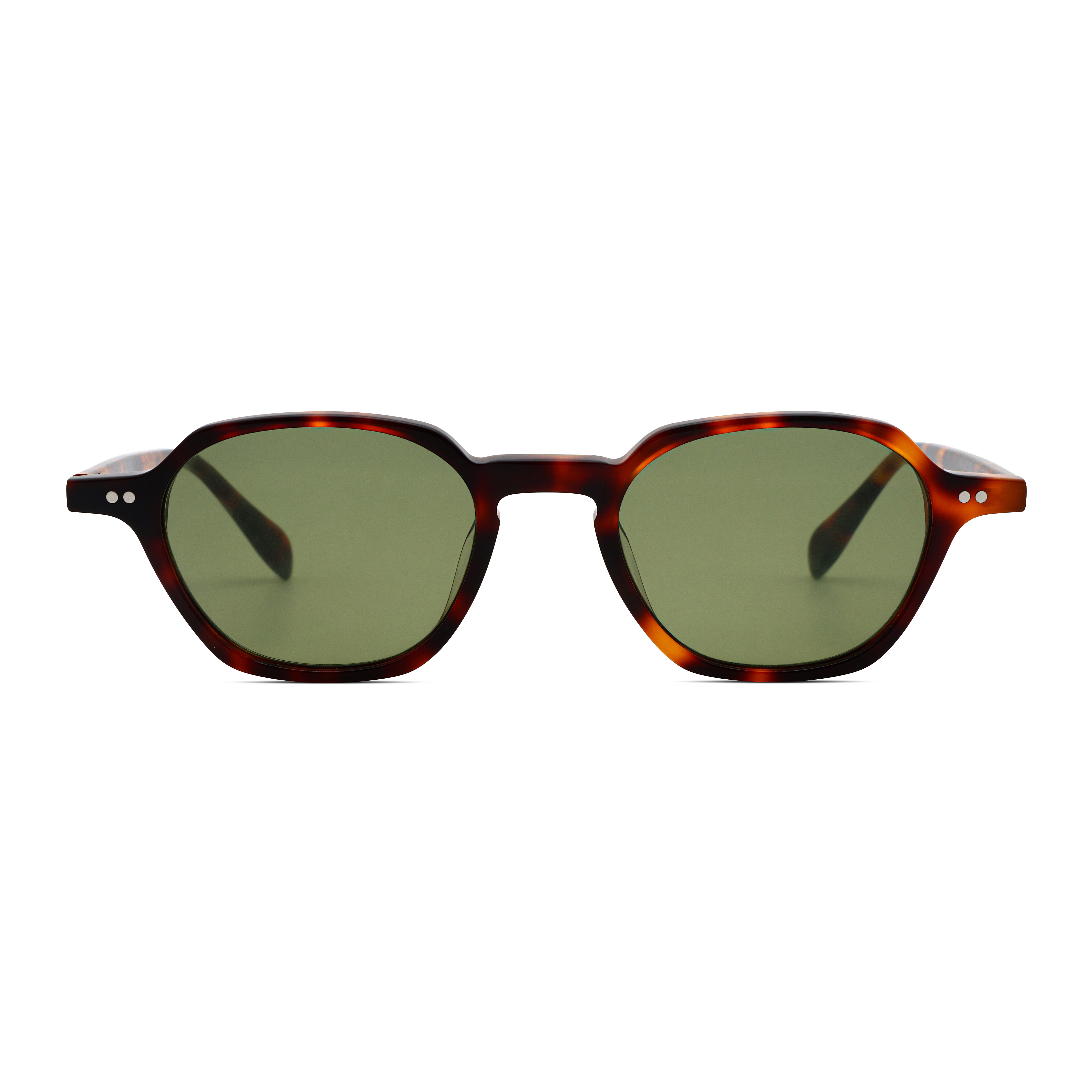 Acetate sunglasses with tortoiseshell-colored small round frames and rivets..JPG