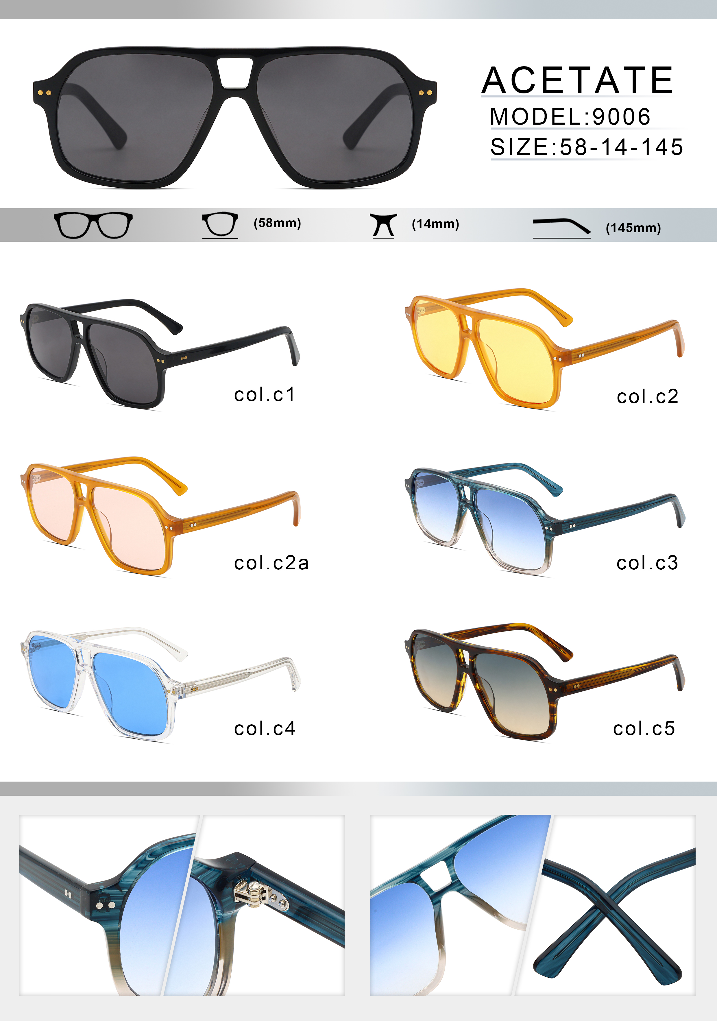 Acetate fiber sunglasses - large frame aviator nylon tinted sunglasses retro style unisex