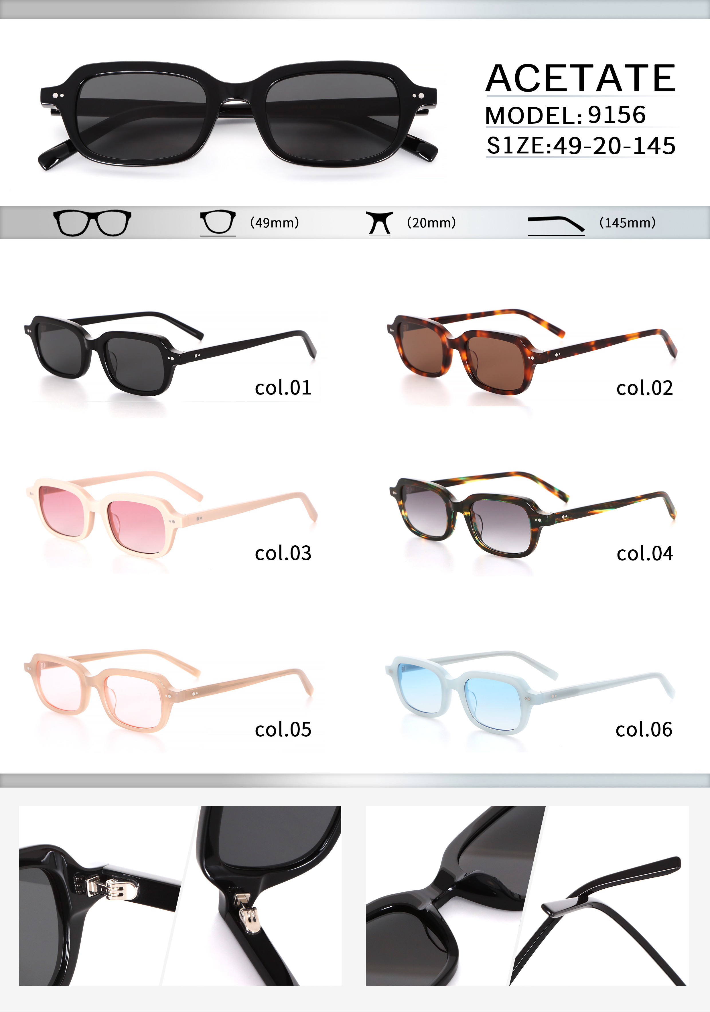Acetate Sunglasses Retro Square and Round Frame with Five Rivets and Arrow-Shaped Hinges