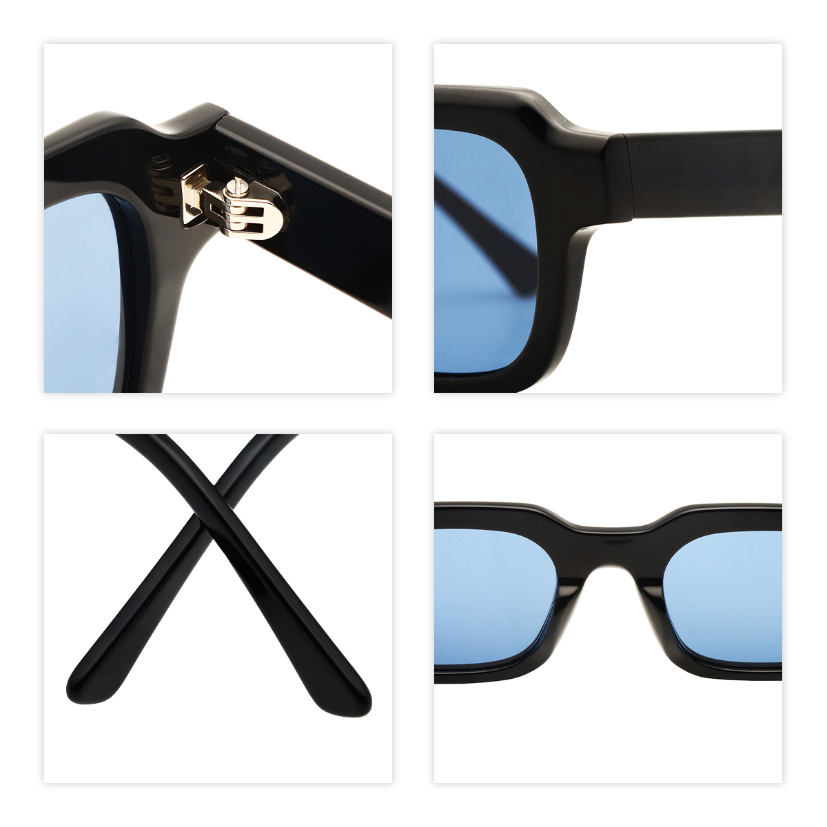 Acetate sunglasses with thick frames, square and round shapes with industrial style rivet details