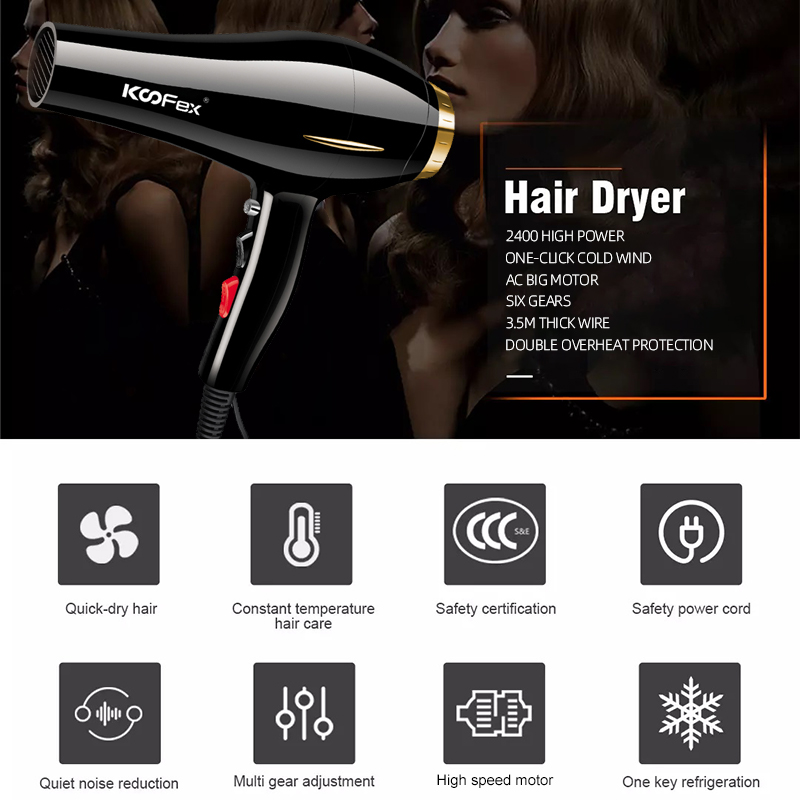 Special Price for Rechargable Hair Dryer -
KooFex Powerful AC Motor 2400W Hair Dryer Negative Ion Home Professional Salon Hair Dryer - KooFex