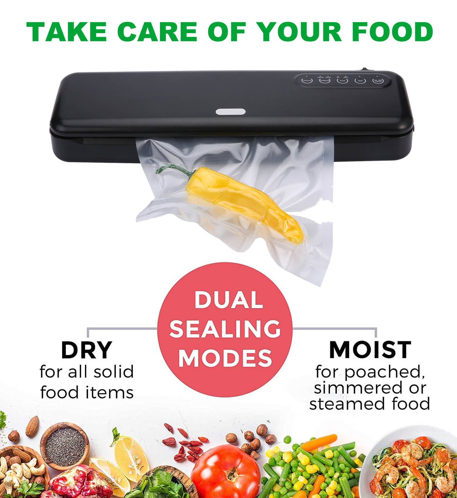 The V7 features dry & moist modes, dual sealing lines, and adjustable vacuum settings for different food types