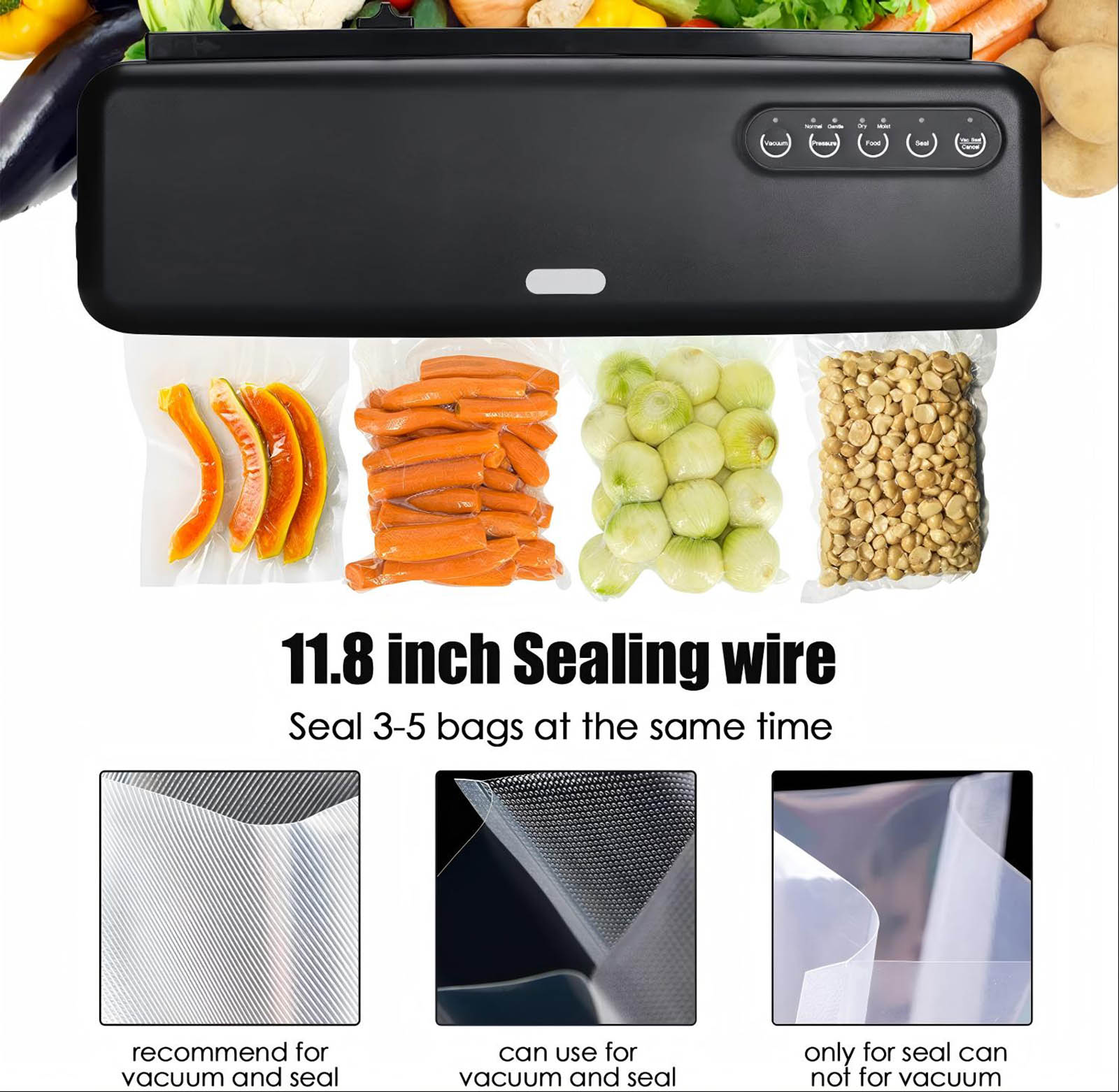 The V7 features dry & moist modes, dual sealing lines, and adjustable vacuum settings for different food types
