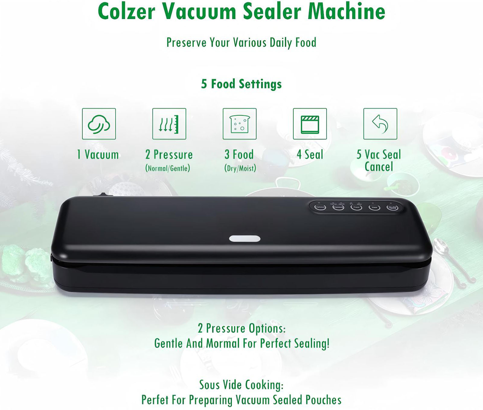 The V7 features dry & moist modes, dual sealing lines, and adjustable vacuum settings for different food types