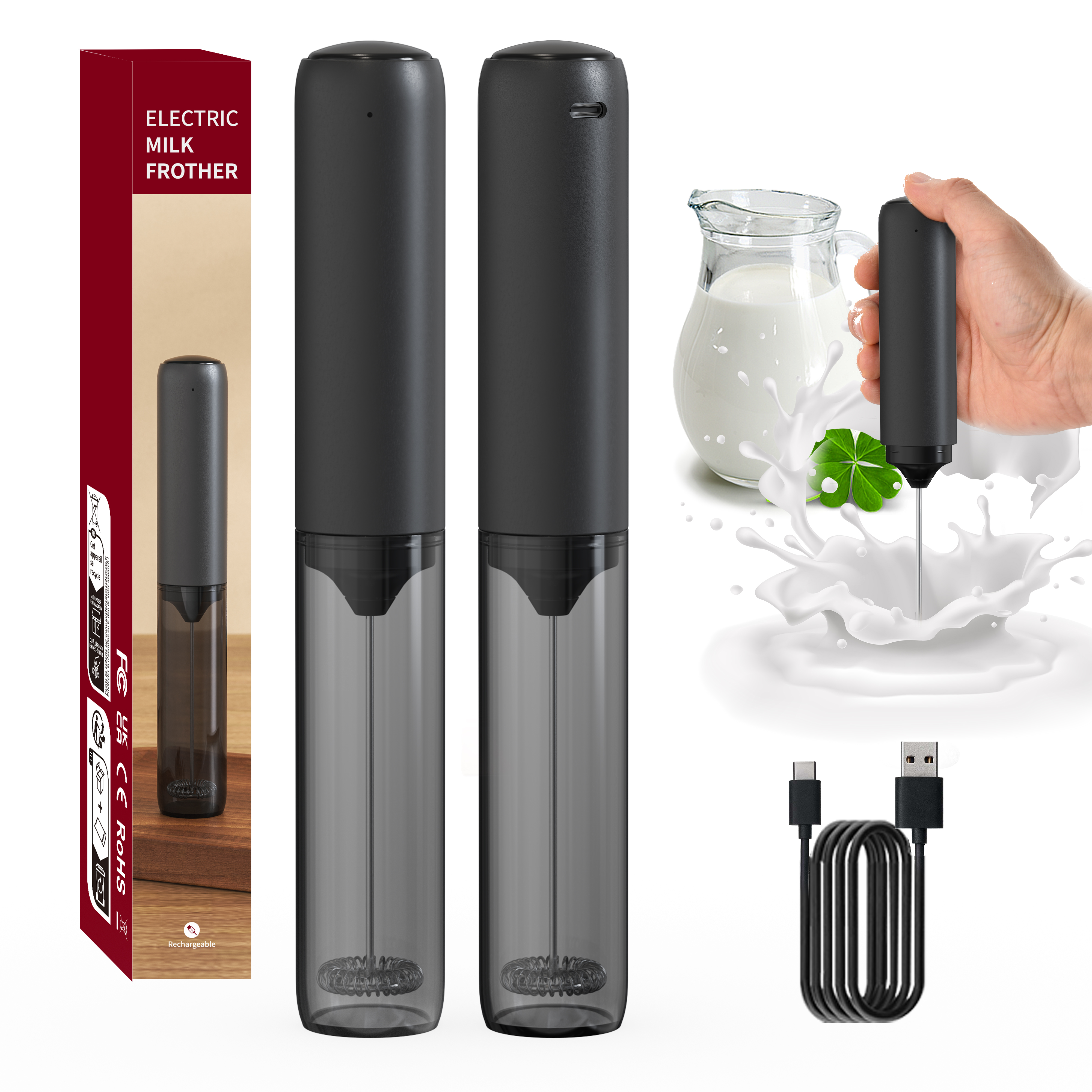 Rechargeable Handheld Milk Frother with 3 Speeds & USB-C Charging | KJBQ-65 OEM Supplier