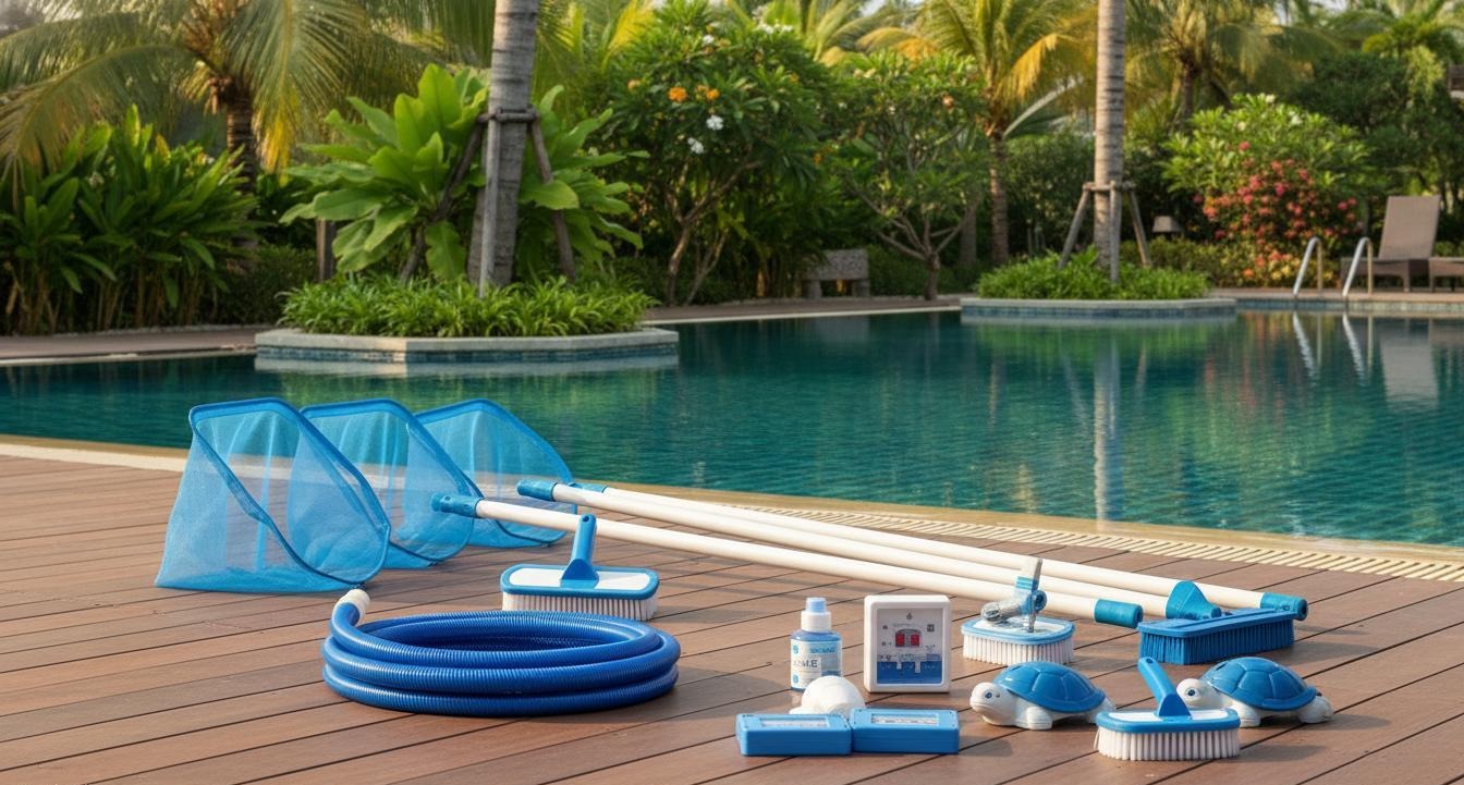 Southeast Asian Pool Stores Bundle Cleaning Accessories: Skimmers and Brushes for Tropical